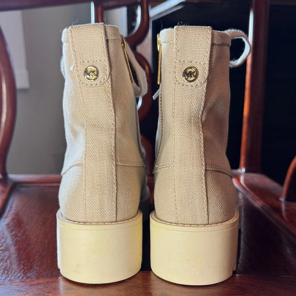 NWOT Michael Kors Tan Canvas Zipper/Lace Ankle Boots Combat Faux Suede Inside - Picture 7 of 14